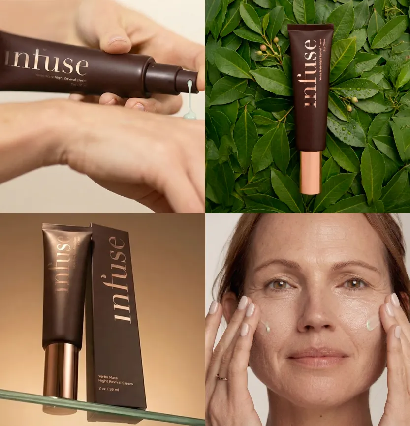 Collage of 'infuse' Nightcream product with a person applying it to their face.