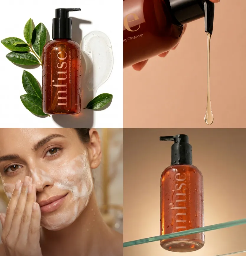 Collage of infuse cleanser products including bottles, a dropper, and a person applying cream.