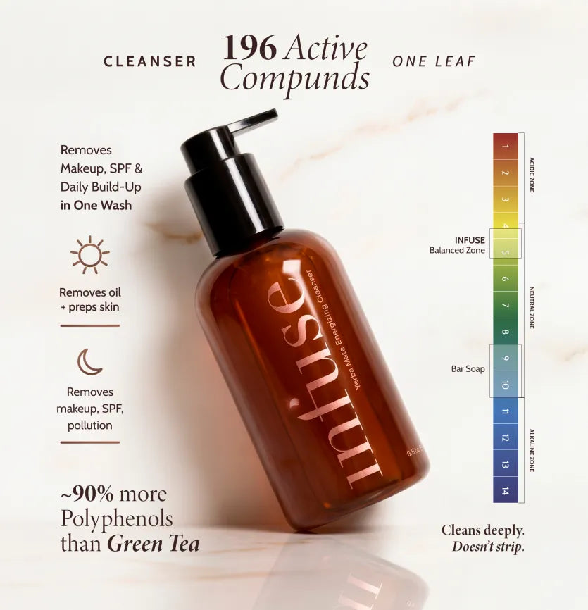 infuse cleanser bottle with pump dispenser labeled 'infuse' on a white background with product features listed.