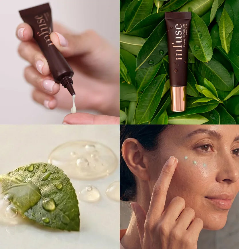 Collage of a infuse skin product for mature skin being applied with green leaves in the background