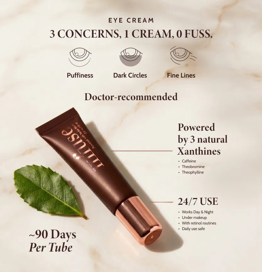 Infuse Eye cream tube with product features on a beige background